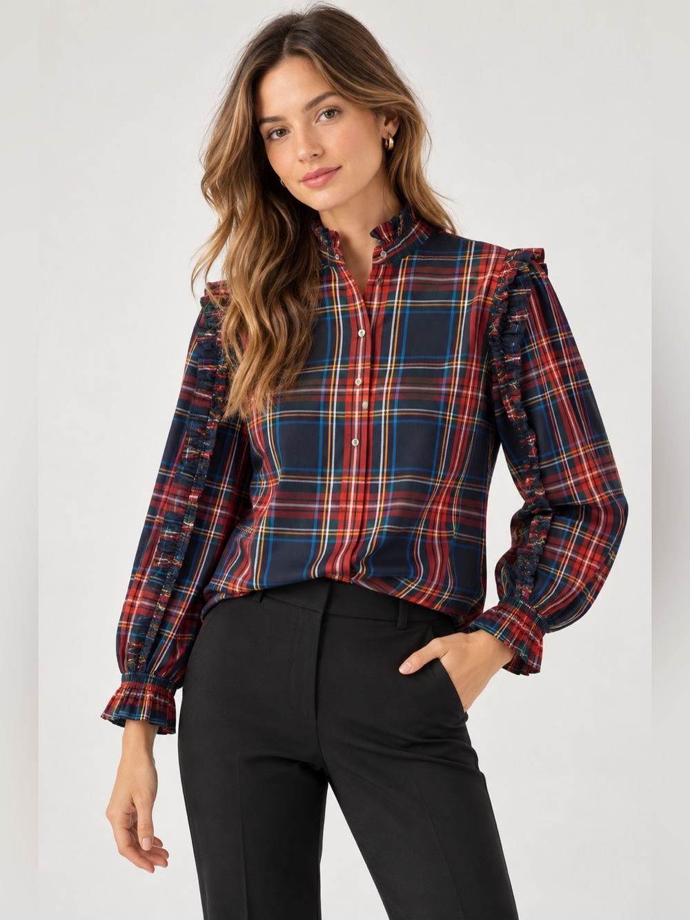 NEW J.Crew Classic Fit Ruffle Popover in Black Stewart Tartan XXS